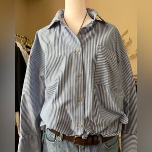 DKNY Blue and White Striped Button Down Shirt